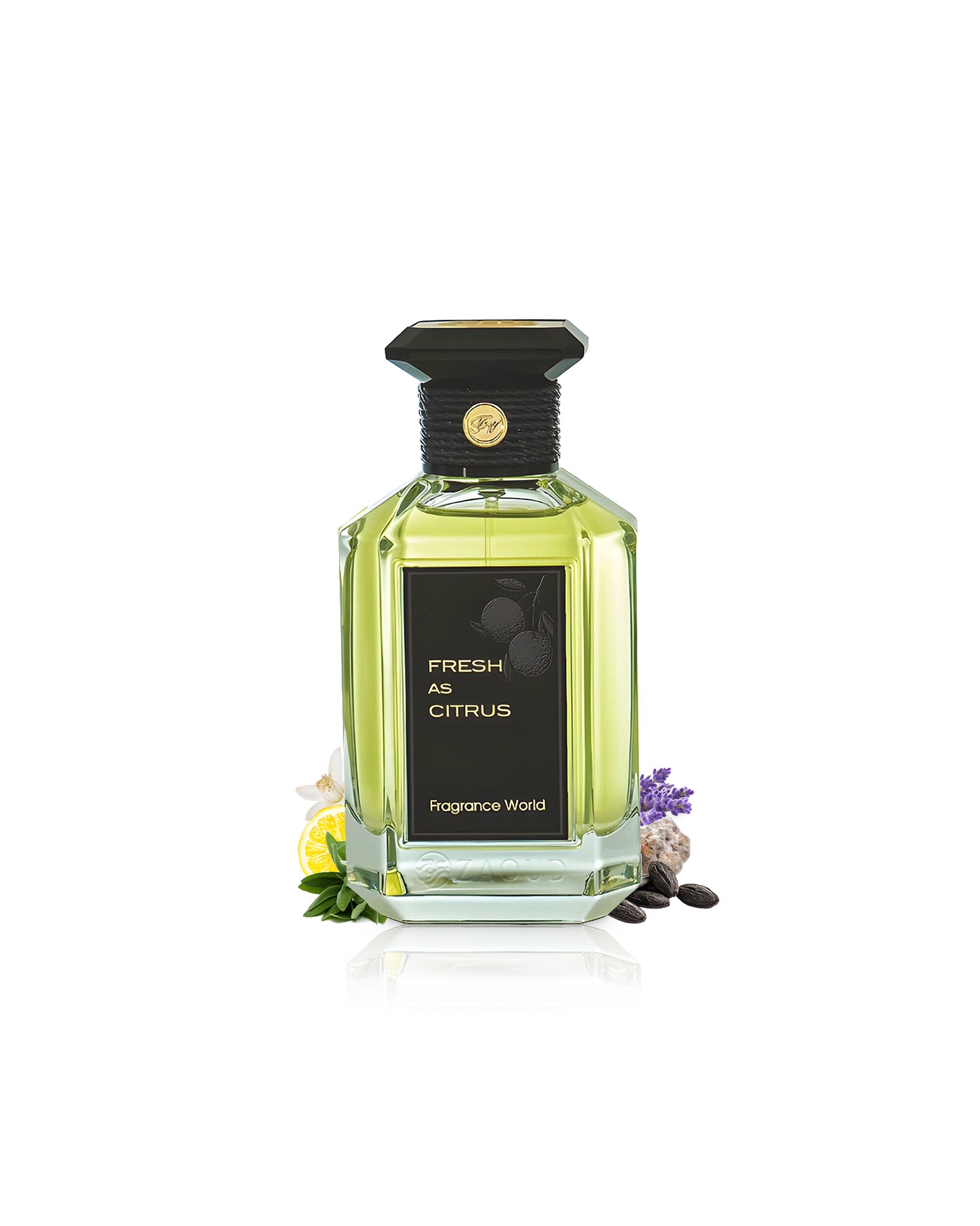 fragrance world fresh as citrus perfume bottle surrounded with tonka beans and citrus shows against white background