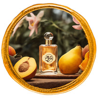 Fruity Perfume bottle beside half cut peach and pera with orange blossom at background