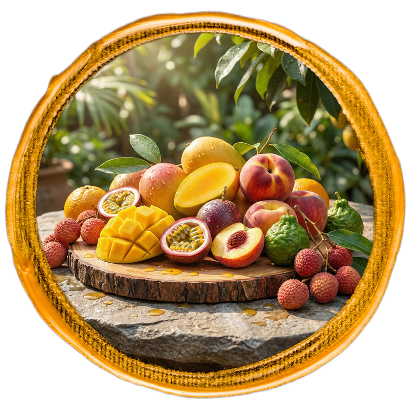 Assorted fruits including mangoes, peaches, and lychees on a wooden board with a natural background.