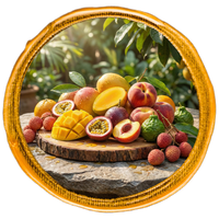 Assorted fruits including mangoes, peaches, and lychees on a wooden board with a natural background.