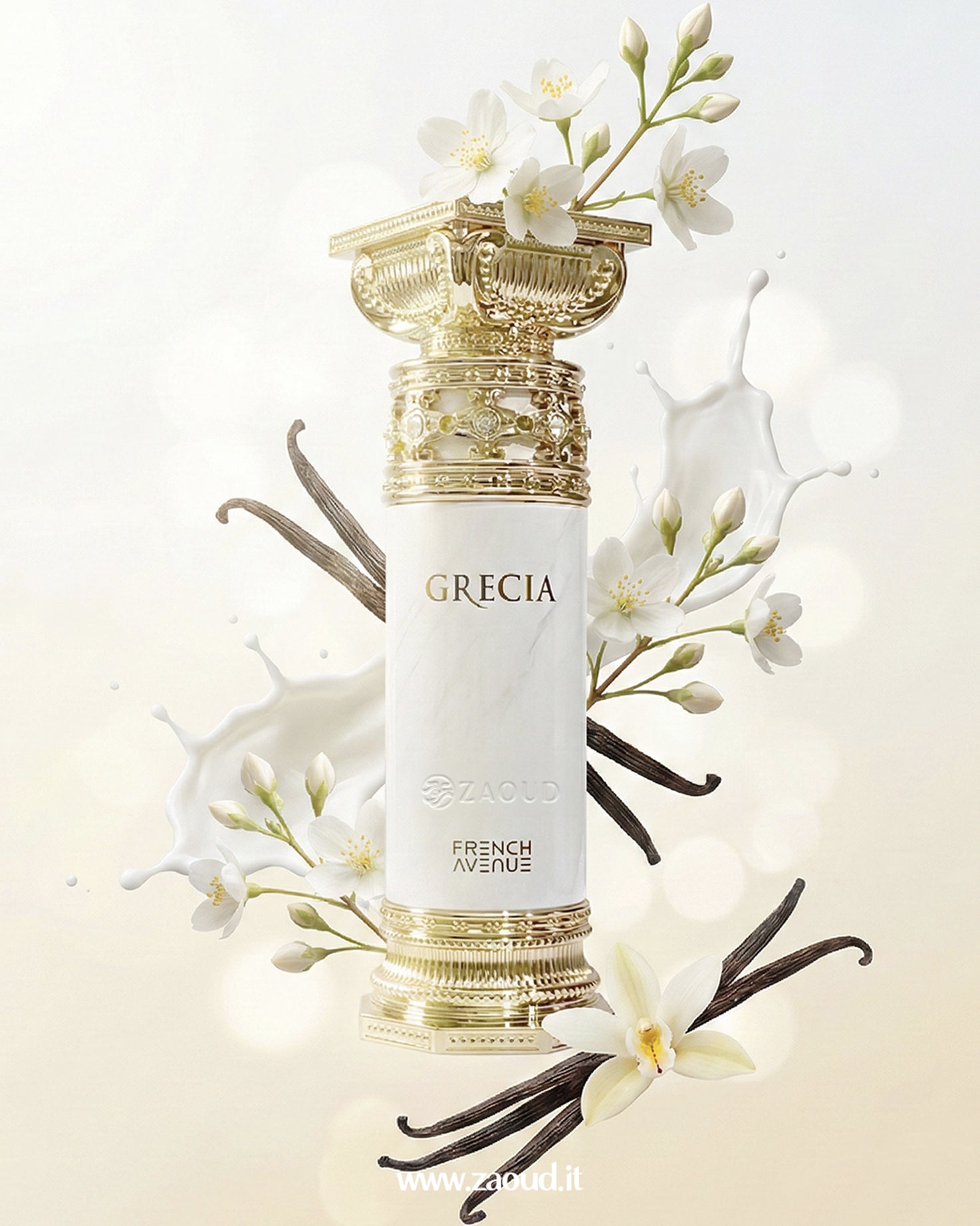 Grecia perfume bottle product with vanilla beans and flowers on a light background