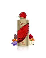 ahmed al maghribi garnet perfume bottle surrounded by fragrance notes like lavender and leather  shows against white background
