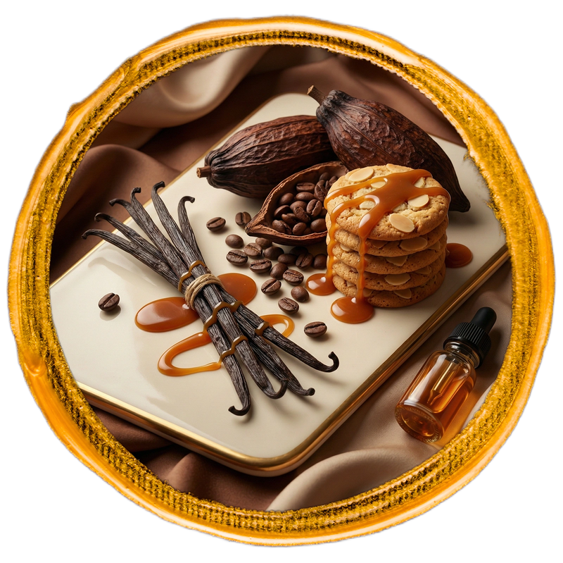 Decorative plate with vanilla beans, coffee beans, cookies, and a dropper bottle on a white background