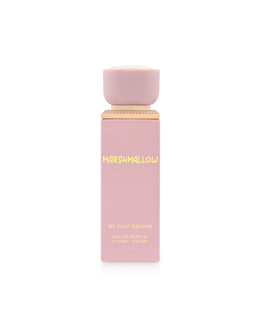 gulf orchid Pink perfume bottle with gold cap and 'Marshmallow' text on a white background