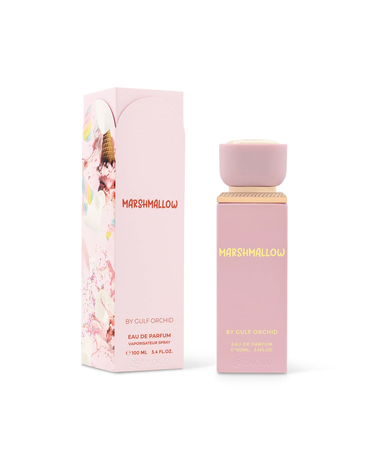 gulf orchid Pink 'Marshmallow' perfume bottle and packaging on a white background
