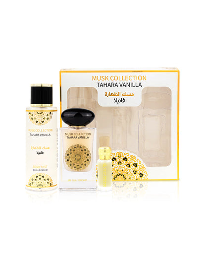 gulf orchid tahara vanilla gift set box shows with perfume bottle beside oil and body mist bottle against white background