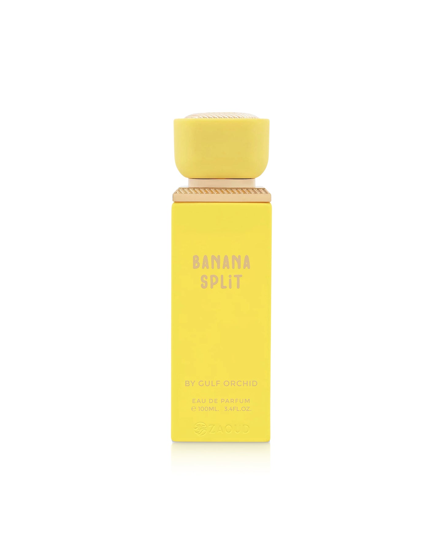 gulf orchid Yellow 'Banana Split' perfume bottle on a white background