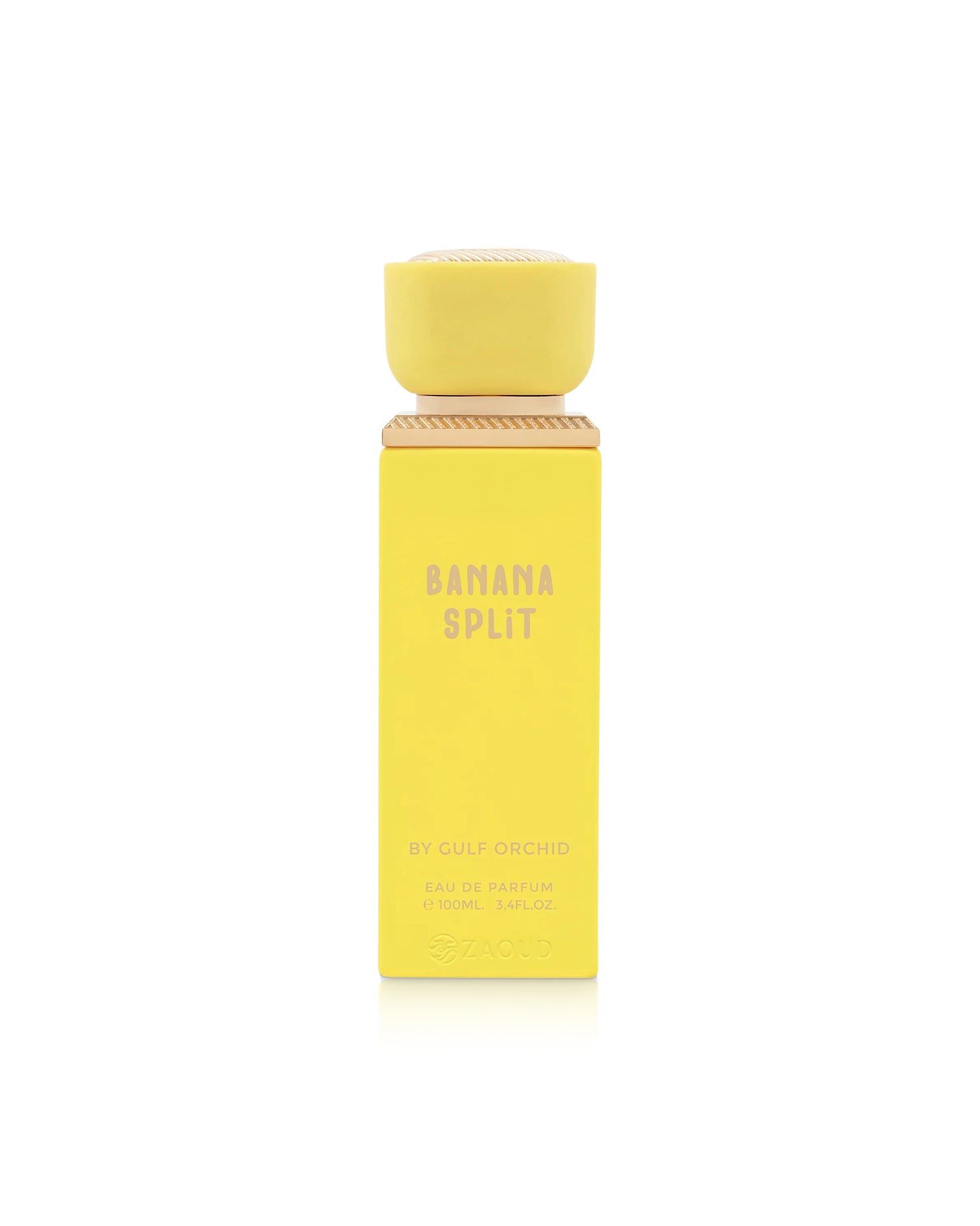 gulf orchid Yellow 'Banana Split' perfume bottle on a white background