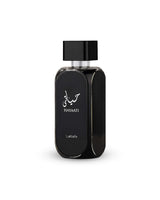 hayaati black edp by lattafa perfume bottle shows against white background