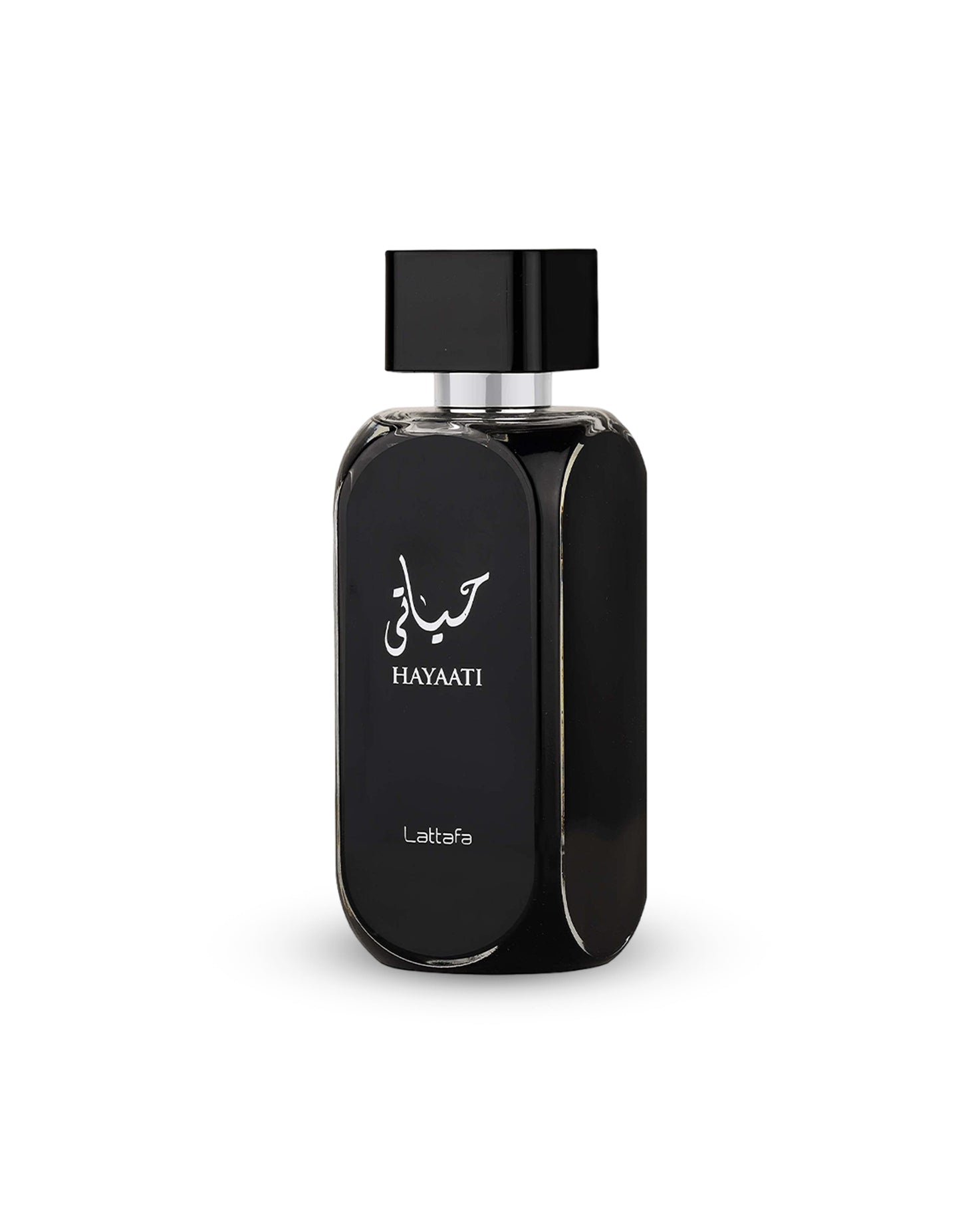 hayaati black edp by lattafa perfume bottle shows against white background