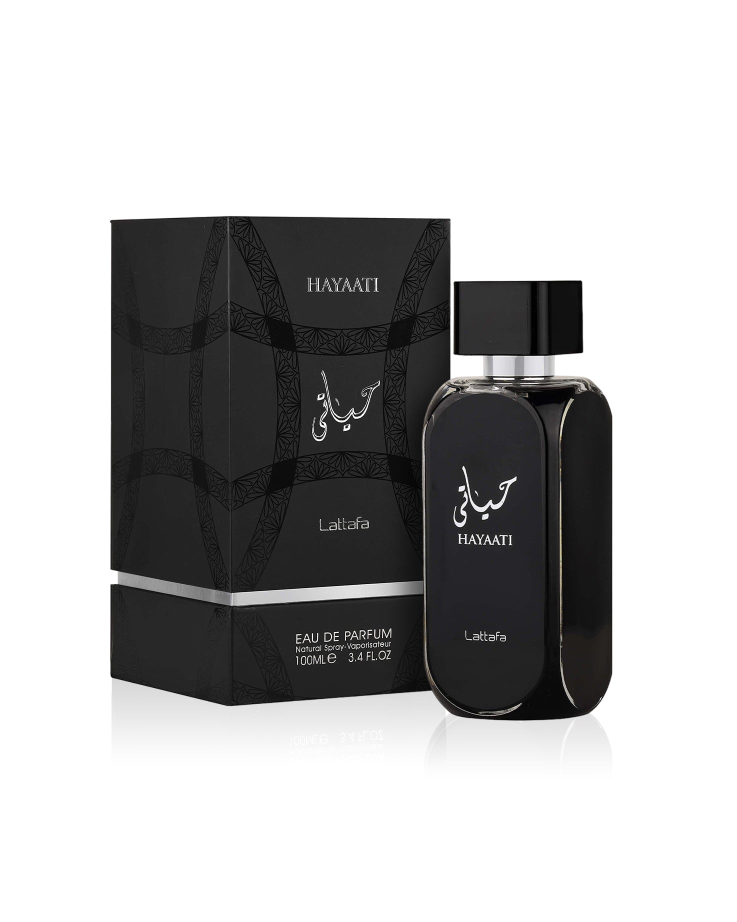 hayaati black edp by lattafa perfume bottle shows beside its box against white background