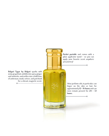 heliodor perfume oil bottle beside written fragrance informations against white background