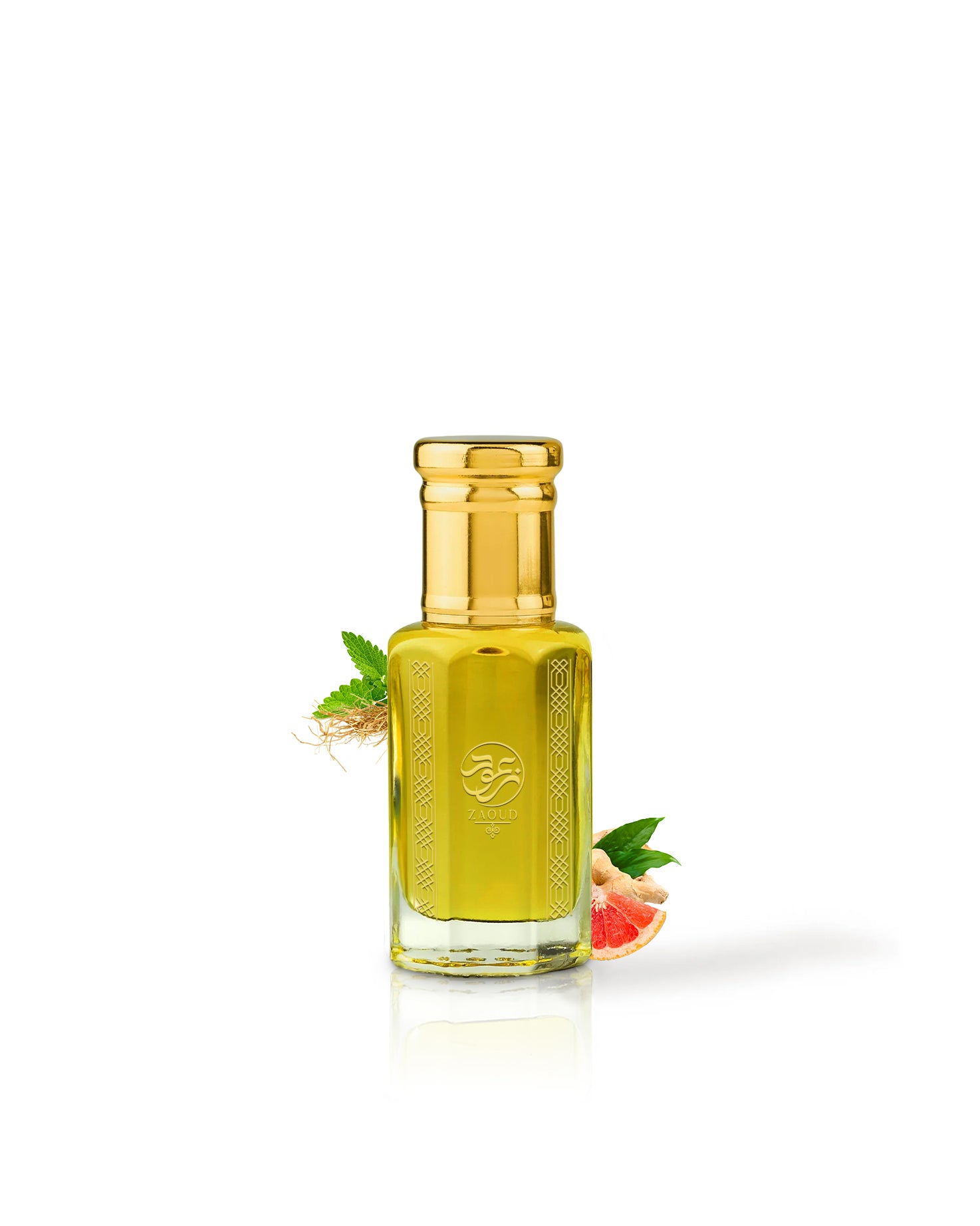heliodor perfume oil bottle surrounded with fragrance notes like grapfruit and ginger shows from behind the bottle against white background