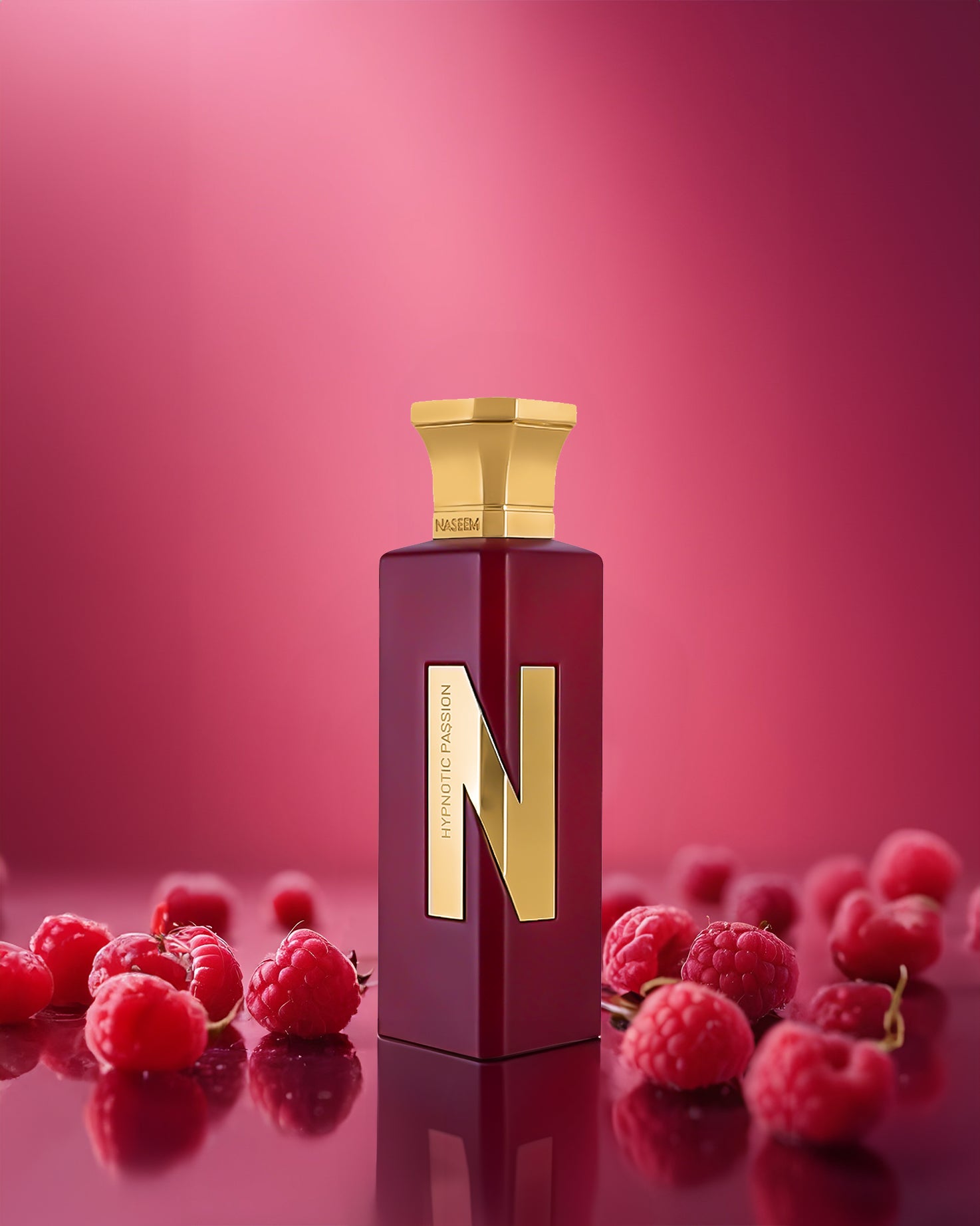 HYPNOTIC PASSION aqua parfum bottle SURROUNDED BY BERRIES against RED background