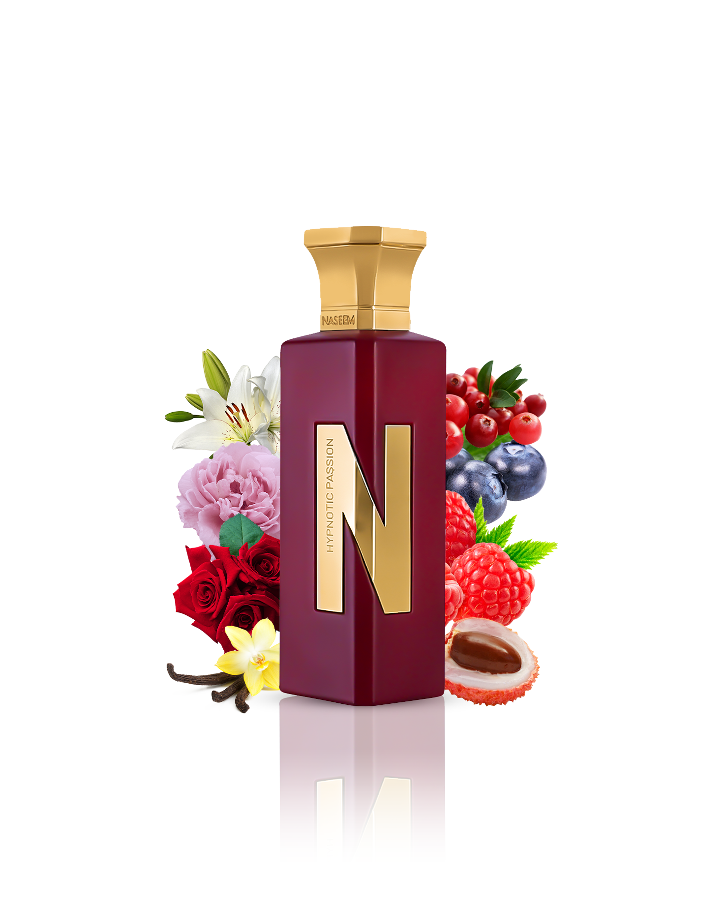 HYPNOTIC PASSION aqua parfum bottle SURROUNDED BY LITCHI VANILLA NEROLI against white background