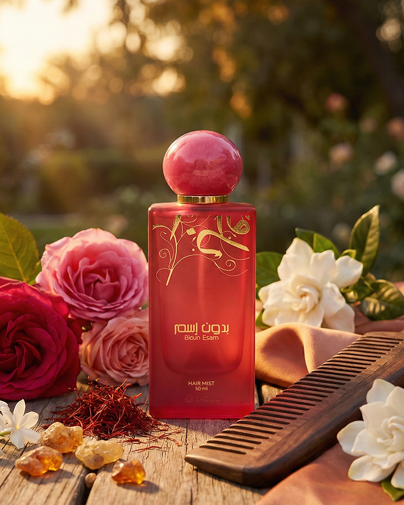 Red hair mist bottle with decorative design, surrounded by flowers and a comb on a wooden surface.
