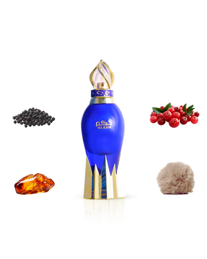 hakam aqua parfum by naseem perfume bottle surrounded with ingredients like amber and musk shows against white background