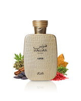 hawas viper perfume bottle surrounded by fragrance notes like tonka and tobacco shows against white background