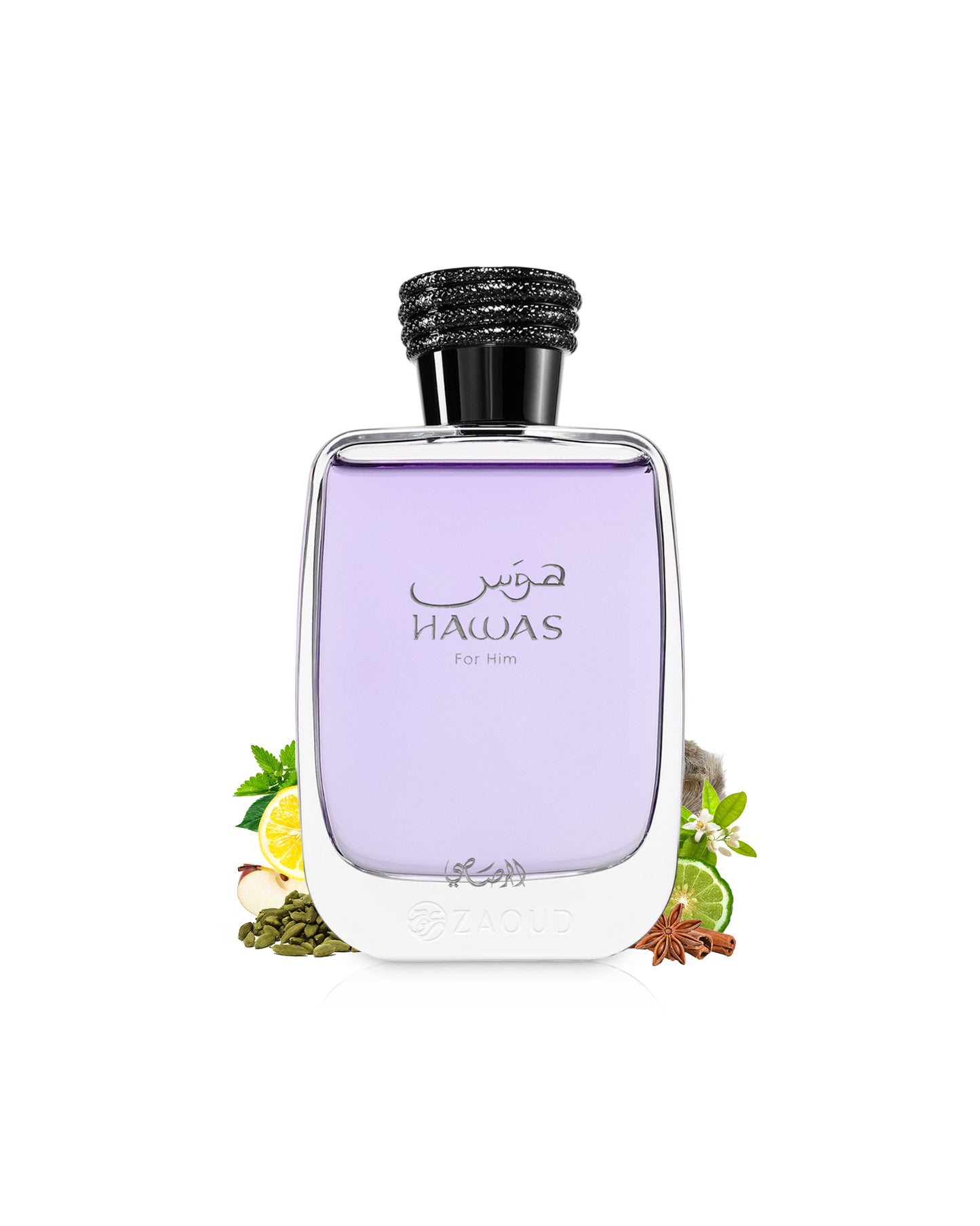 rasasi hawas perfume bottle surrounded with fragrance notes like cardamom and citrus shows against white background