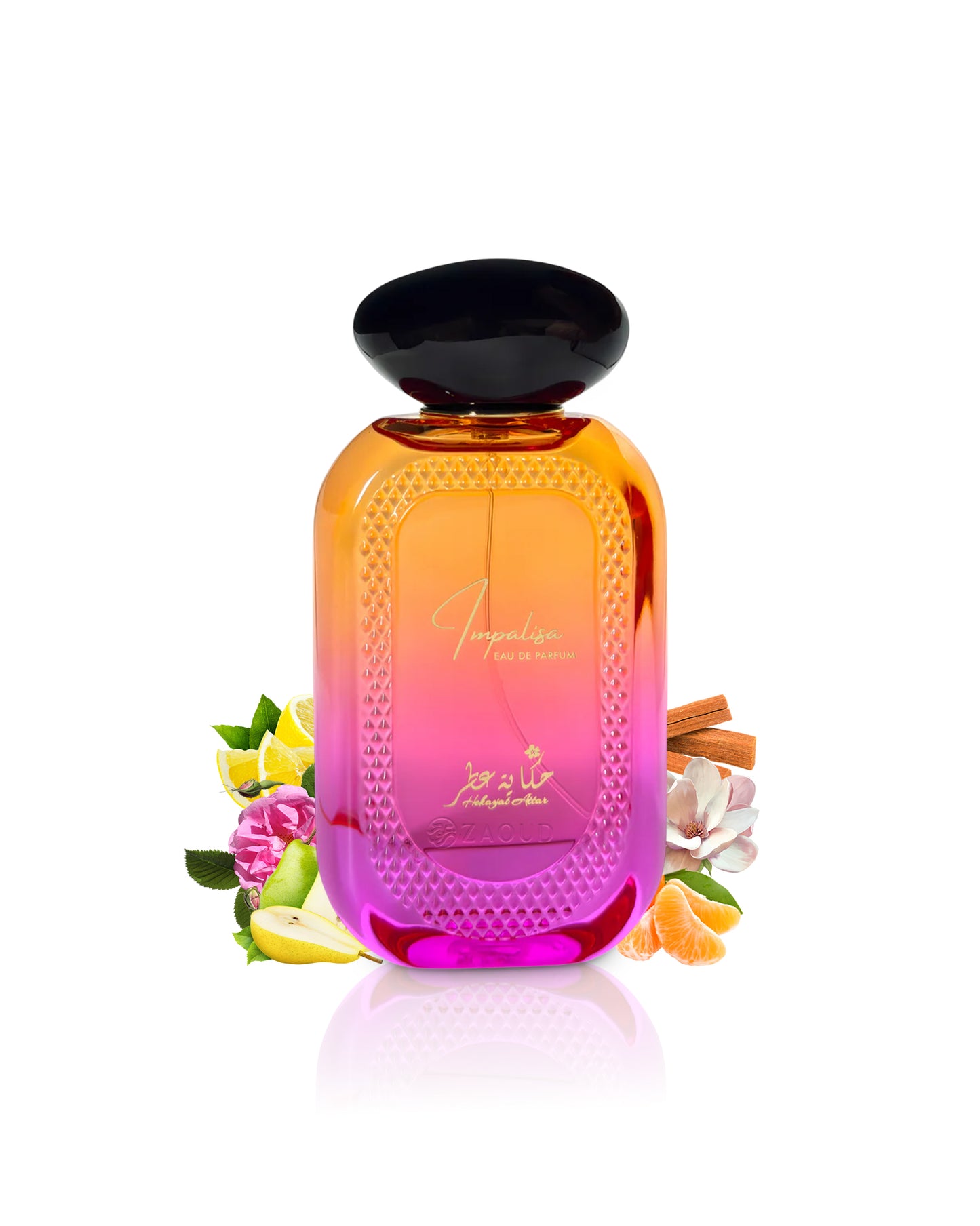 hekayat attar impalsia perfume bottle surrounded by fragrance notes like rose and fruits shows against white background
