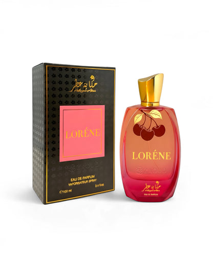 hekayat attar lorene perfume bottle shows beside its packaging against white background