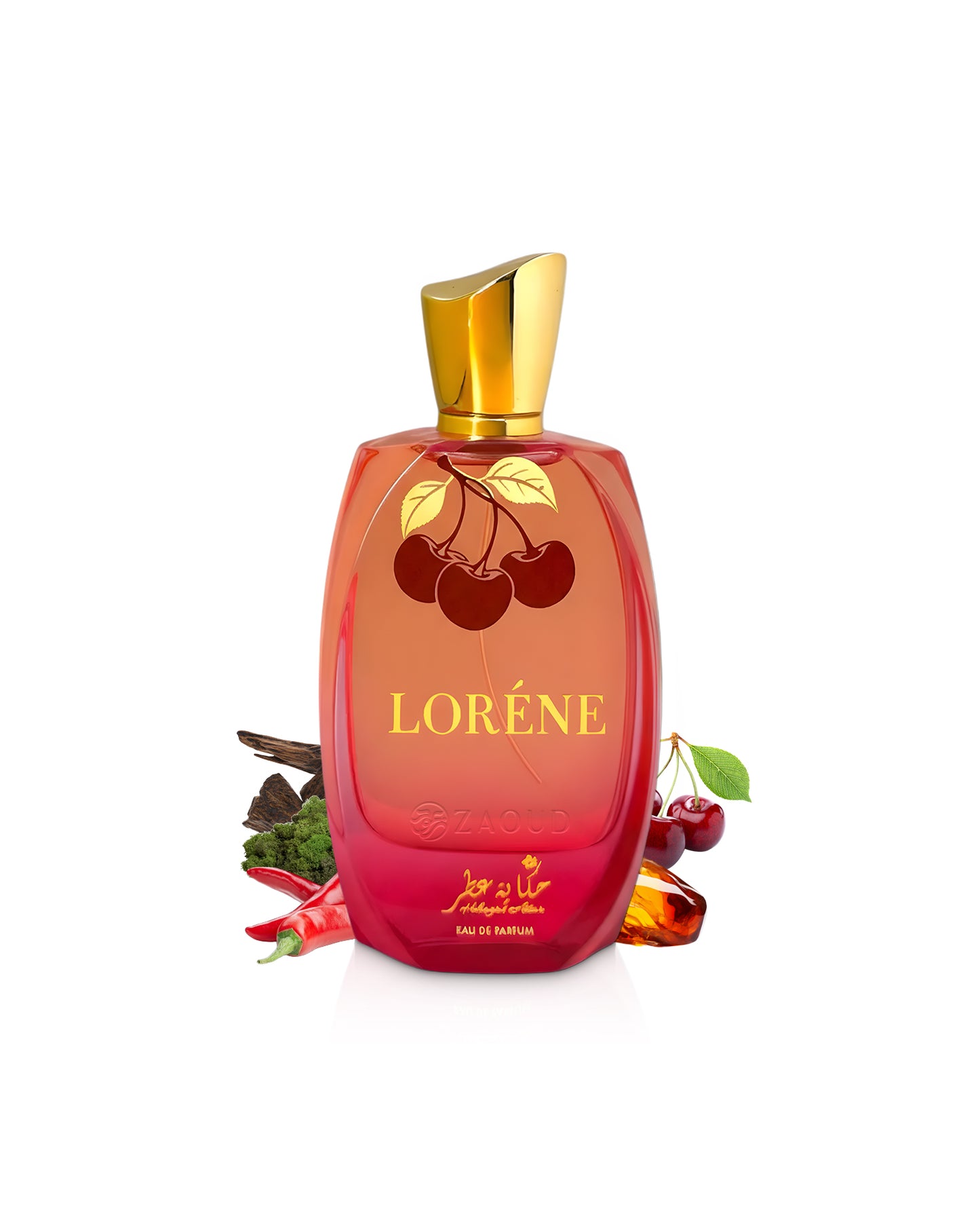 hekayat attar lorene perfume bottle surrounded by fragrance notes like cherry and amber shows against white background