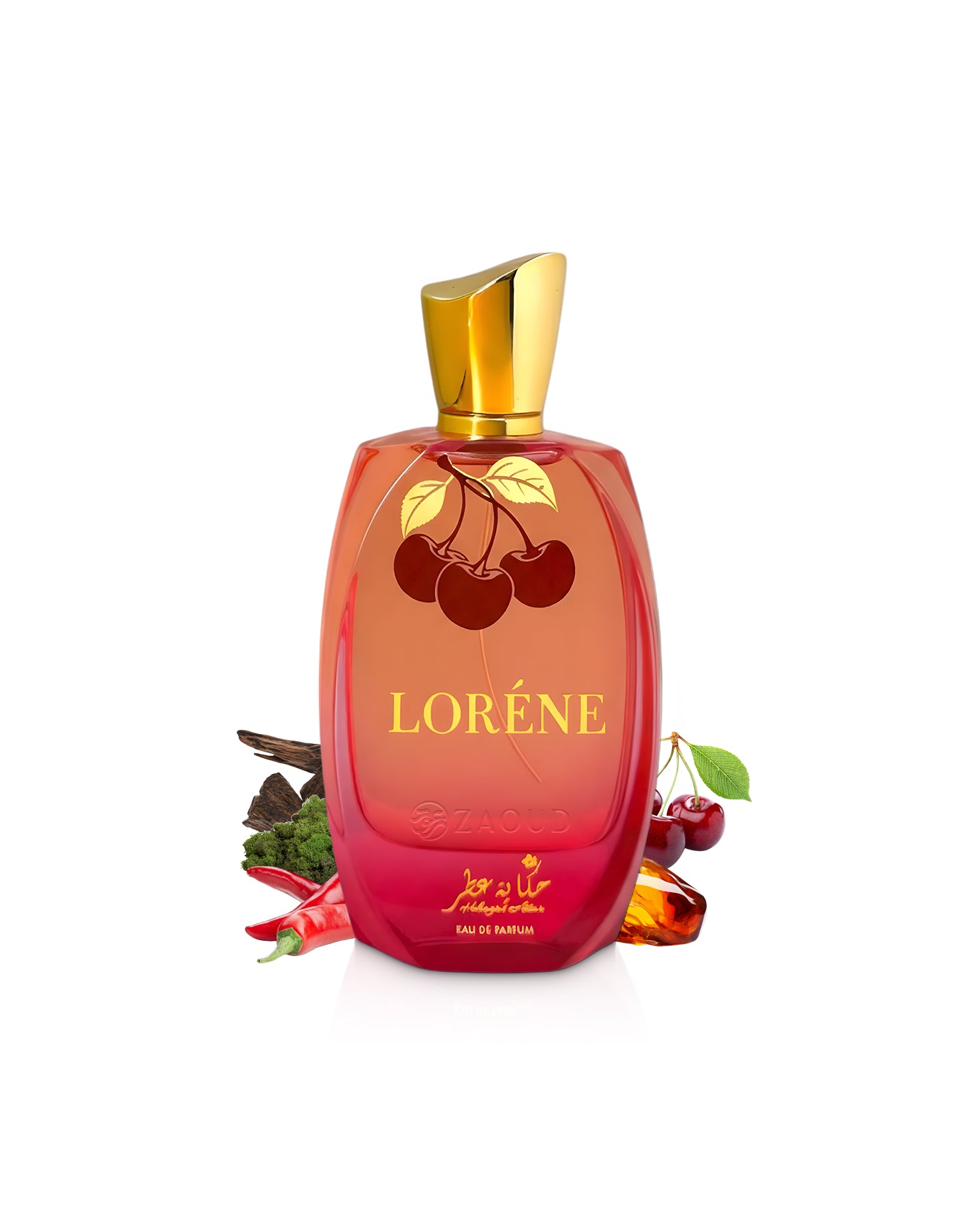 hekayat attar lorene perfume bottle surrounded by fragrance notes like cherry and amber shows against white background