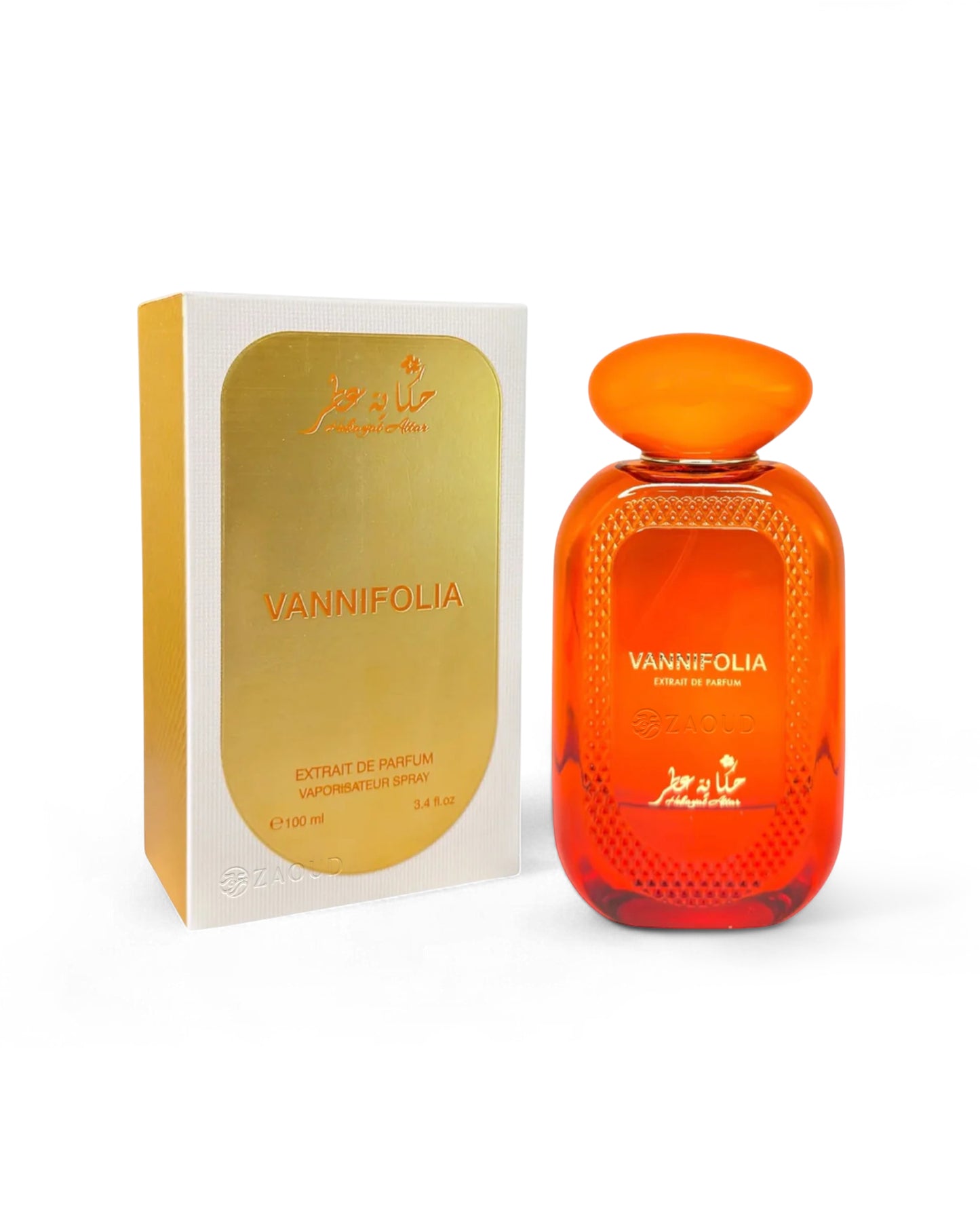 hekayat attar vannifolia perfume bottle shows beside its box against white background