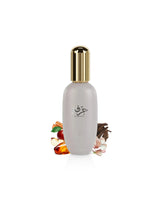 hirfah body gel bottle surrounded by fragrance notes like amber and oud shows against white background