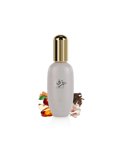 hirfah body gel bottle surrounded by fragrance notes like amber and oud shows against white background