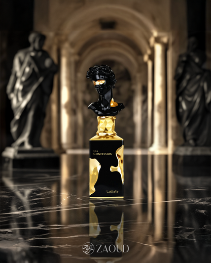 lattafa his confession perfume bottle photograph over reflected marvel surface with black statues at background.