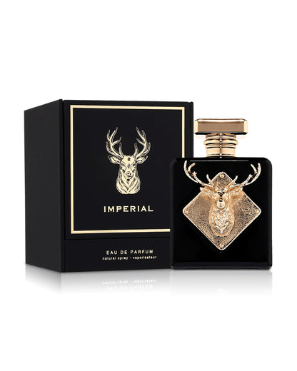 fragrance world imperial perfume bottle shows beside its box  against white background