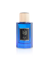 ibrahim al qurashi blue oud perfume bottle shows against white background