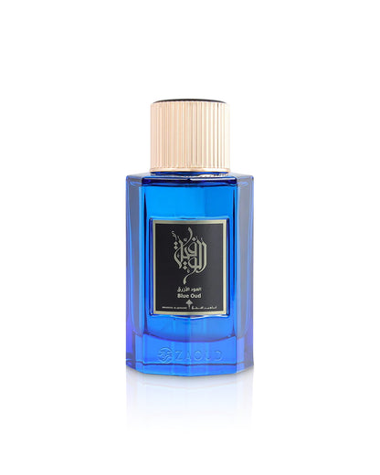 ibrahim al qurashi blue oud perfume bottle shows against white background