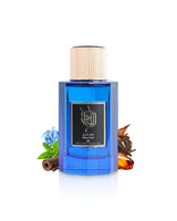 ibrahim al qurashi blue oud perfume bottle surrounded with fragrance notes like blue lillies and amber shows against white background