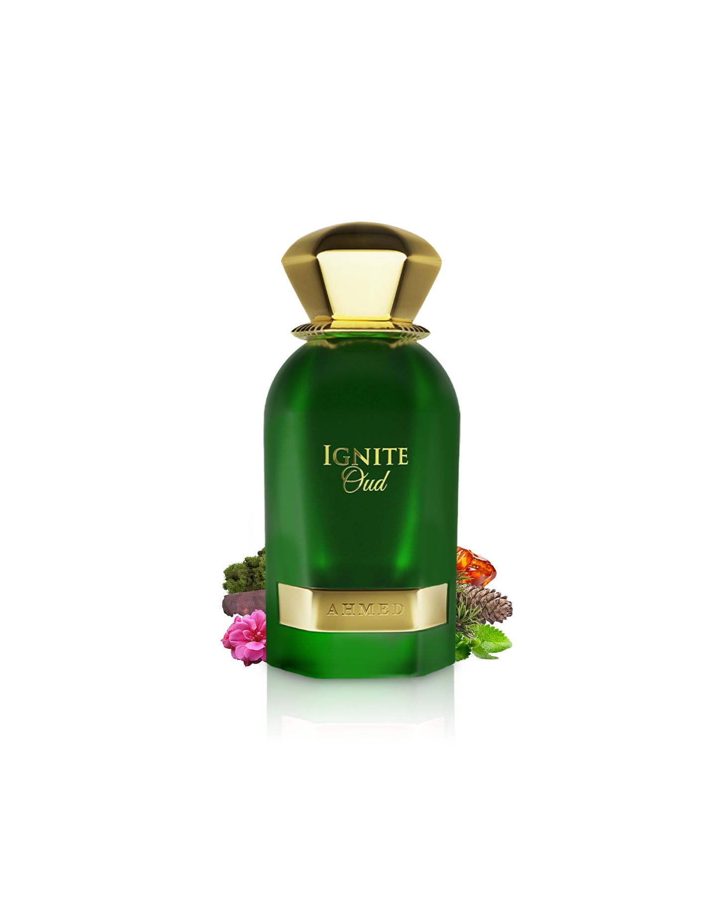 ahmed al maghribi ignite oud perfume bottle surrounded with fragrance notes like amber and moss shows from behind the bottle against white background