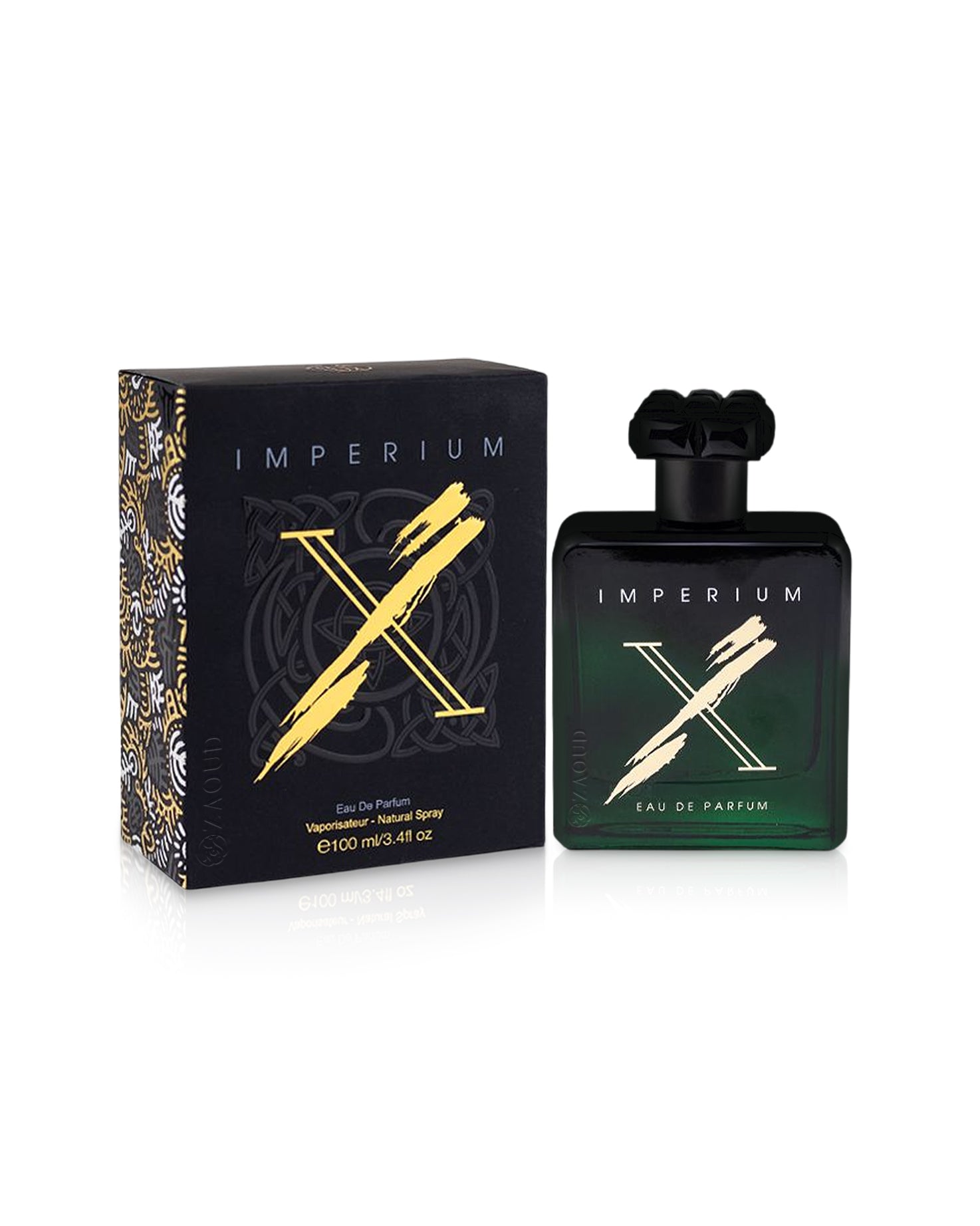 fragrance world imperium x perfume bottle shows beside its box against white background