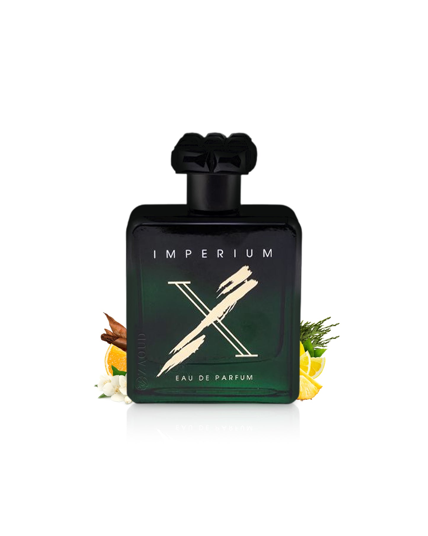 fragrance world imperium x perfume bottle surrounded with fragrance notes like jasmine and pineapple shows against white background