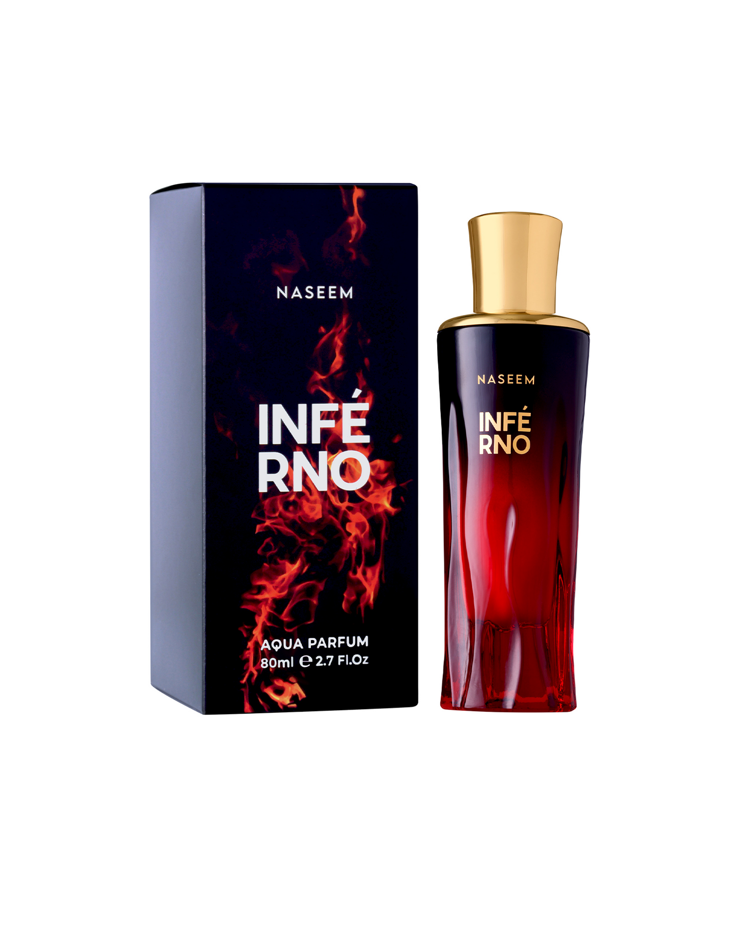 inferno aqua parfum by naseem perfumes bottle beside its box shows against white background