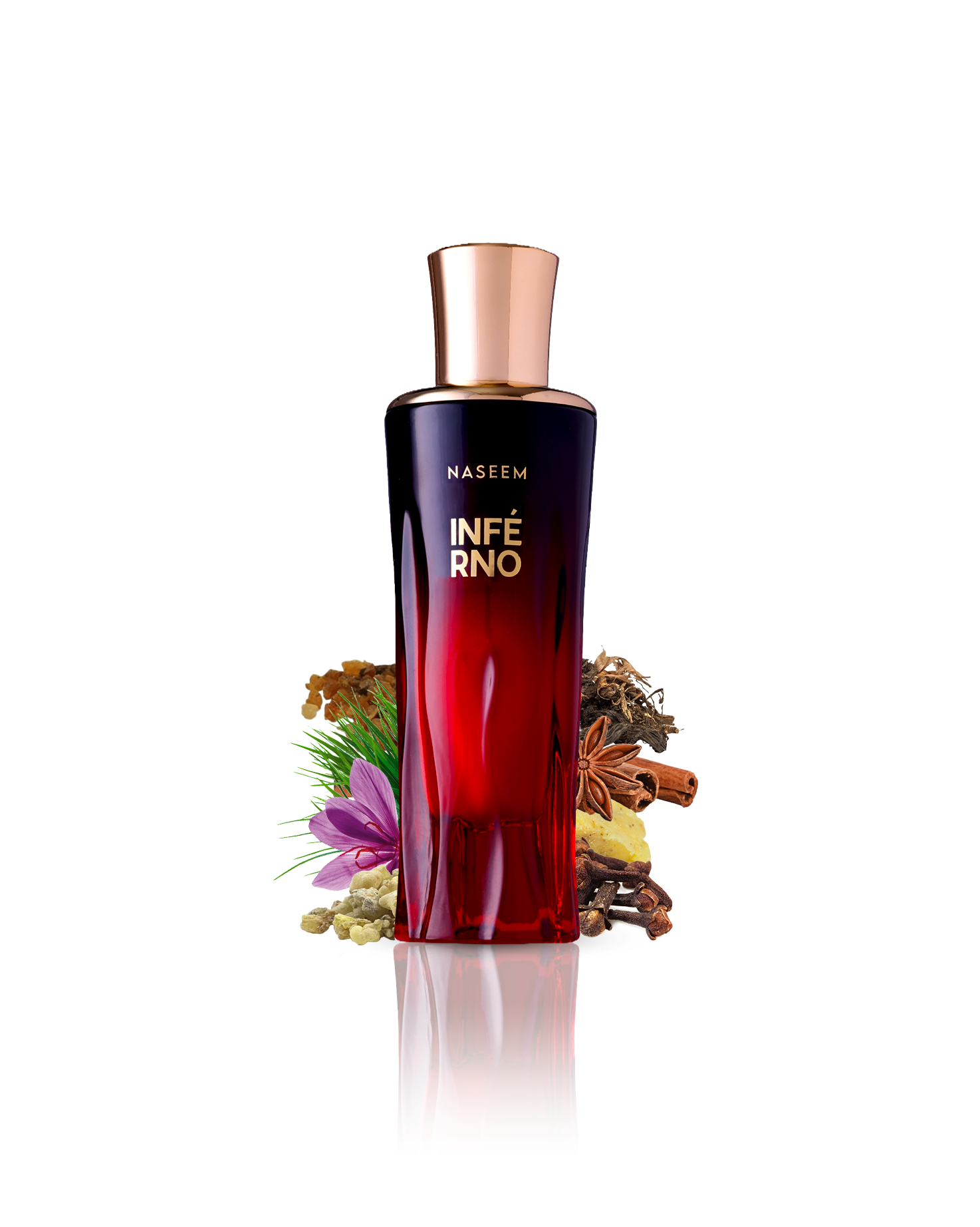 inferno aqua parfum by naseem perfumes bottle surrounded with its ingredients like cloves and saffron with many more shows from behind the bottle against white background