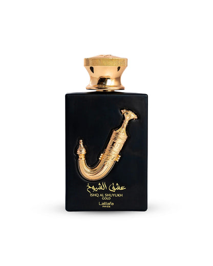 Ishq al shuyukh gold by lattafa perfume bottle shows against white background