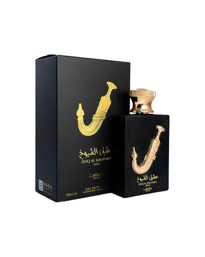 Ishq al shuyukh gold by lattafa perfume bottle beside its box shows against white background