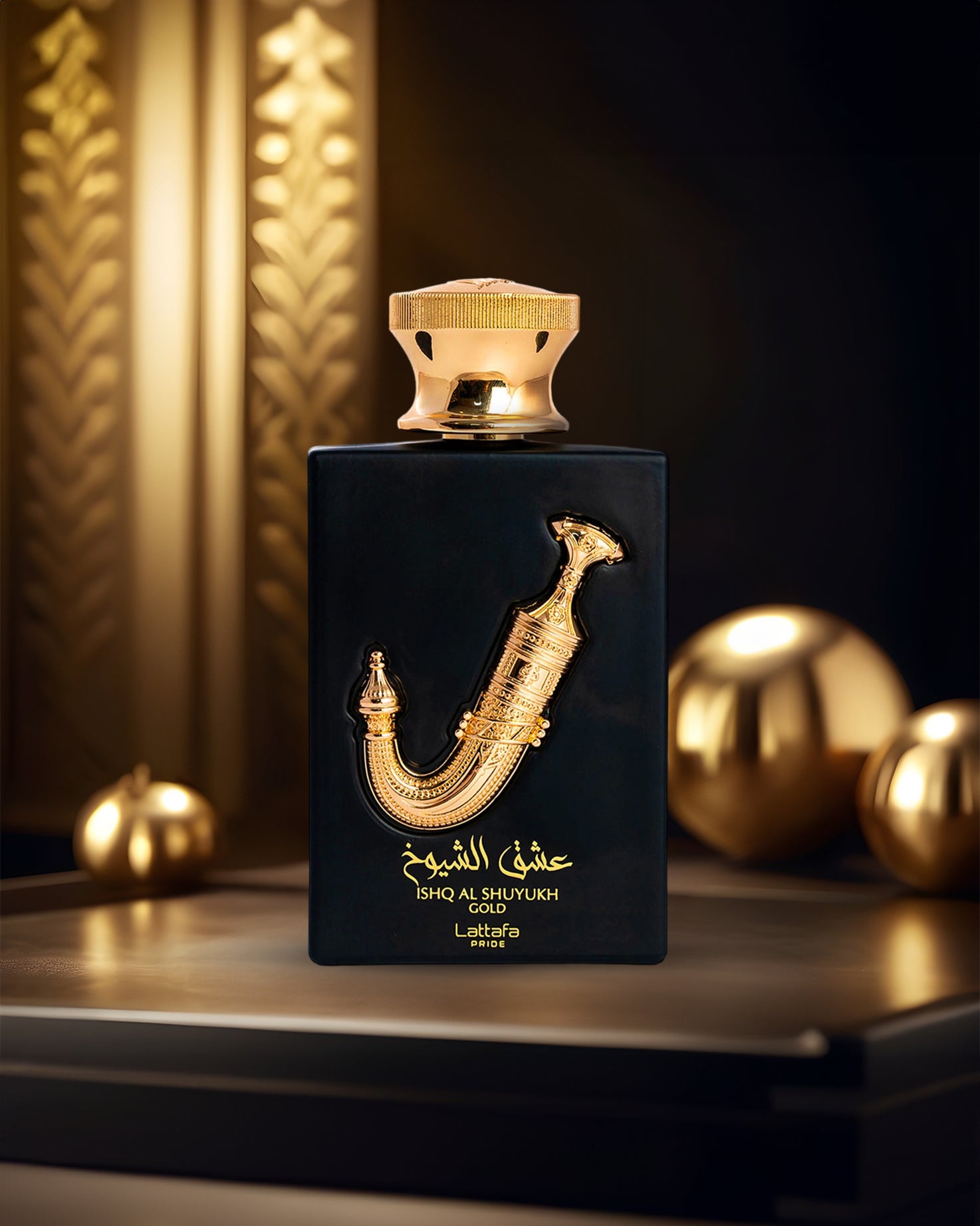 Ishq al shuyukh gold by lattafa perfume bottle photograph over a reflected surface beside some golfen balls with golden pallet at background