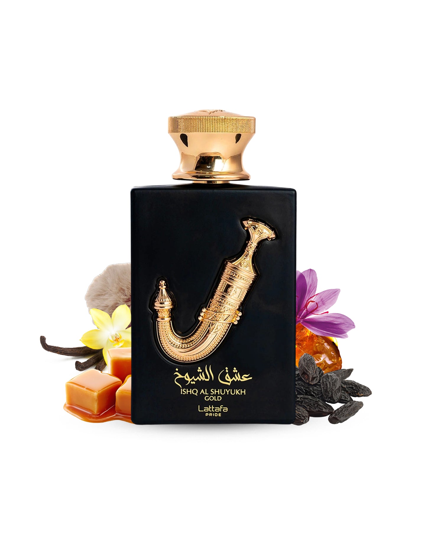 Ishq al shuyukh gold by lattafa perfume bottle surrounded with its ingredients like caramel and tonkabean with many more shoes from behind the bottle against white background 