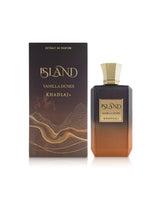 khadlaj island vanilla dunes perfume bottle shows beside its box against white background