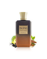 khadlaj island vanilla dunes perfume bottle surrounded with fragrance notes like vanilla and tonka shows against white background