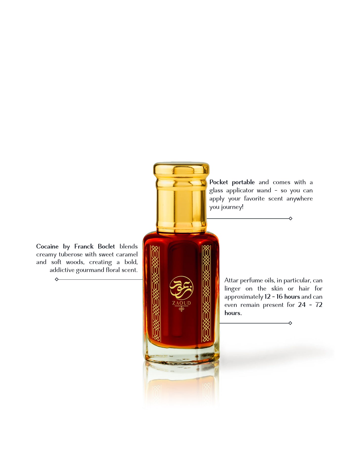 JOSEPHINE perfume oil bottle with a gold cap and a red liquid inside, shown on a white background with three lines of descriptive text pointing to the bottle.