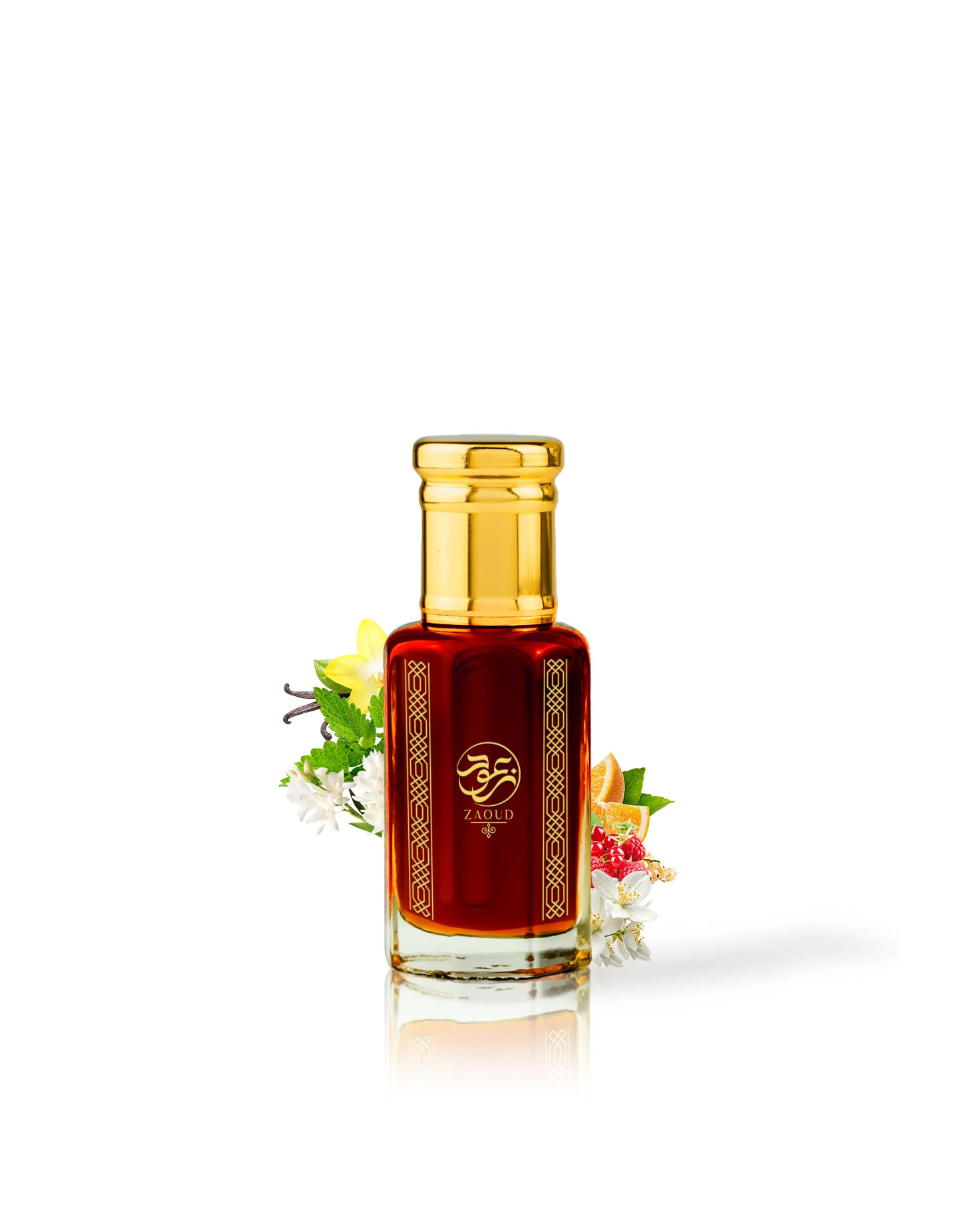 JOSEPHINE perfume oil bottle filled with dark red liquid, featuring a gold cap and gold decorative patterns on the front. The bottle is centered on a white background with small decorative jasmine flowers placed behind it.