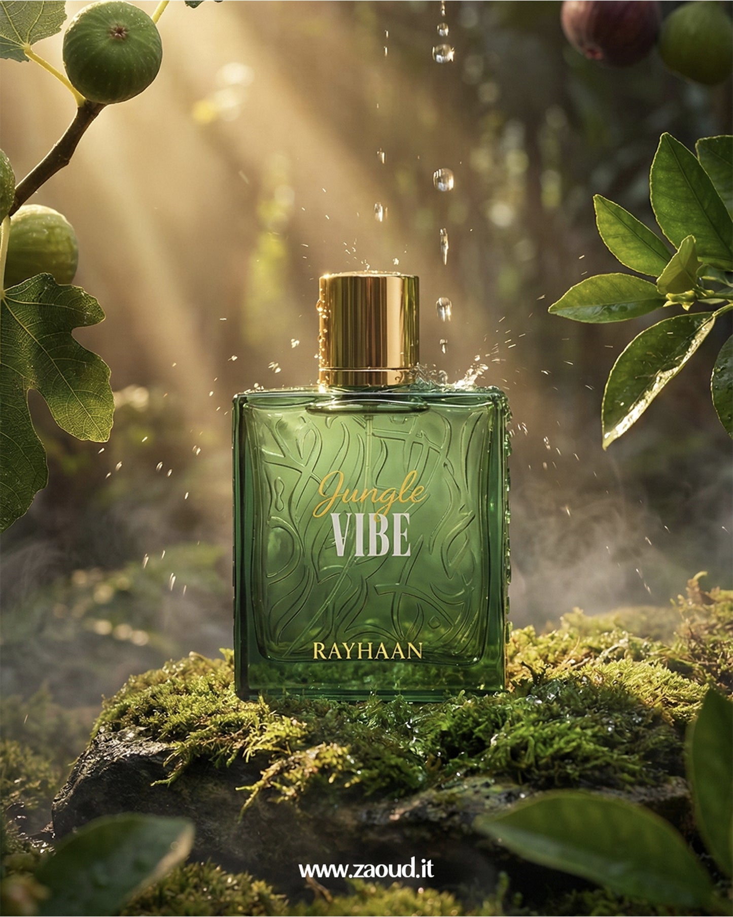 Green 'Jungle Vibe' perfume bottle by Rayhaan on a natural background with leaves and sunlight.