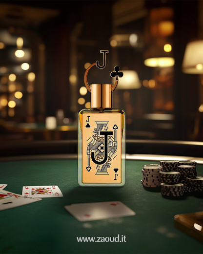 Fragrance world jack of clubs design on a poker table with cards and chips.